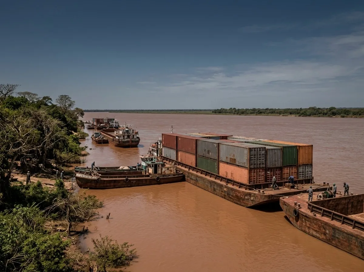 Container barges and tugs moored on the bank of a brown river.