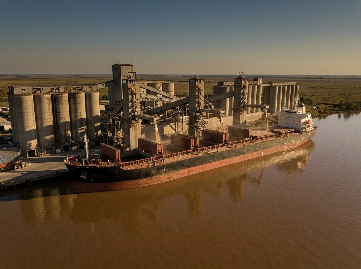 Bulk carrier loading at a river silo terminal at sunset.