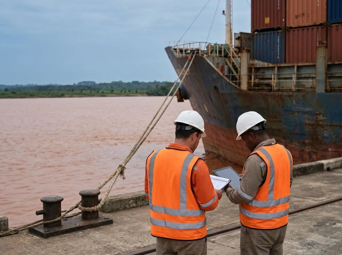 Two workers in hard hats and vests review documents on the quay next to a moored vessel.