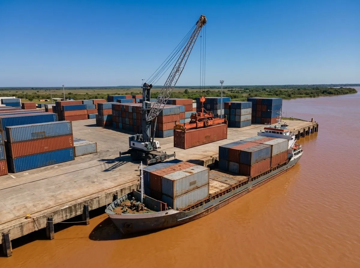 Mobile crane loading a container onto a feeder vessel at a river terminal.